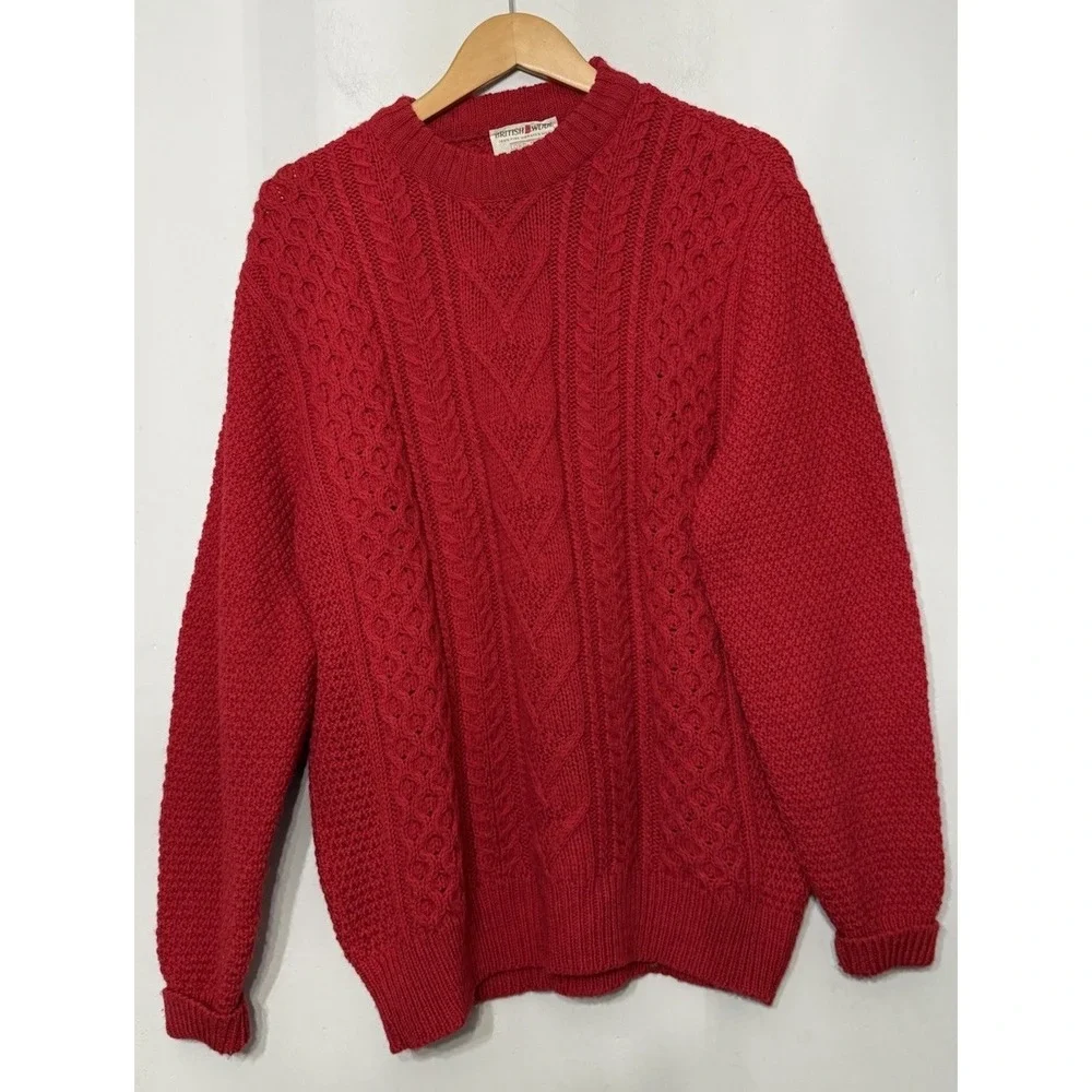 Vtg Lord Jeff Cable Knit‎ Crewneck Large Sweater Red British Worsted Wool USA
